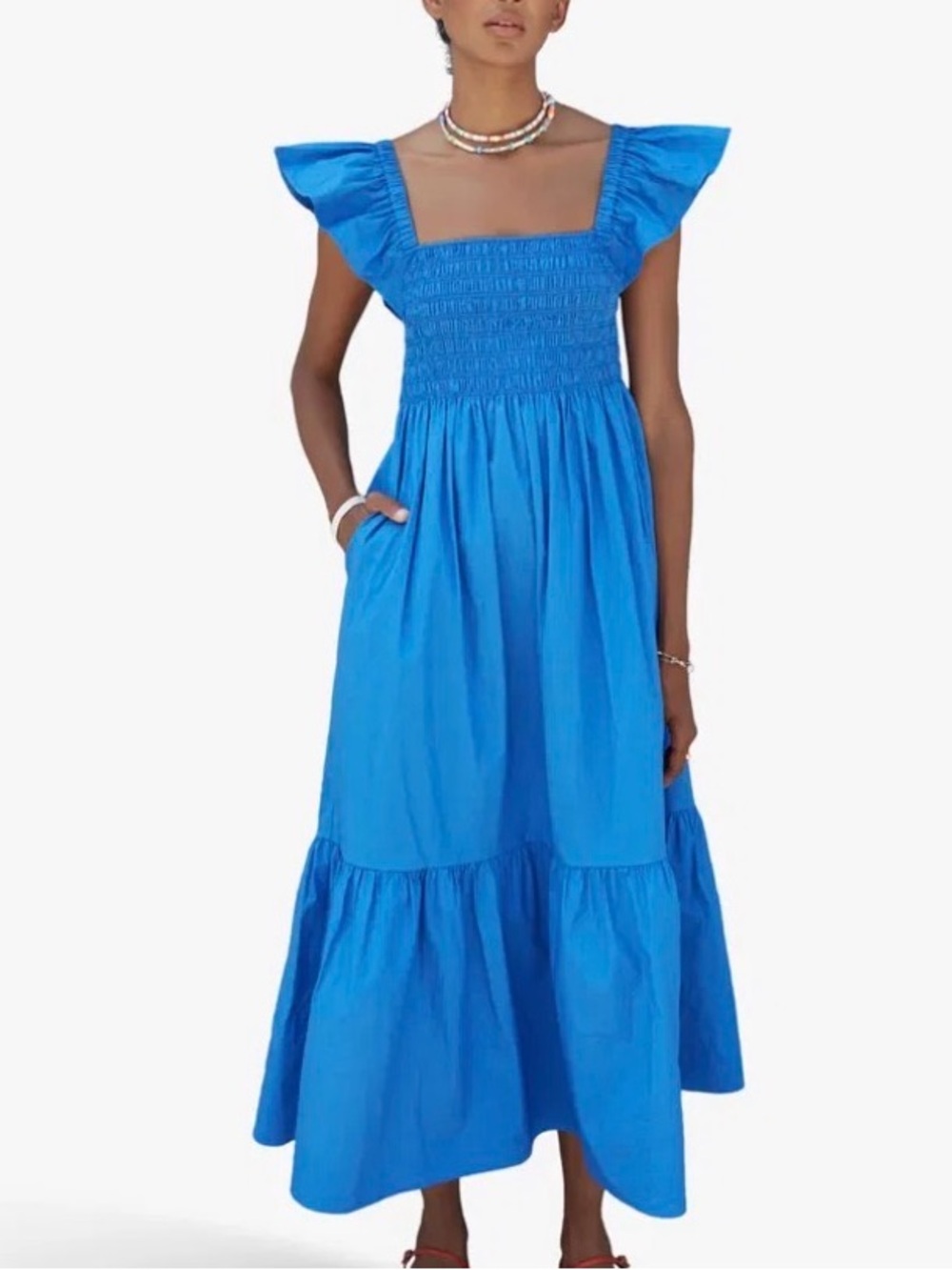 O.P.T. Blue Smocked Midi Dress Medium Ruffle Sleeve Square Neck Tiered